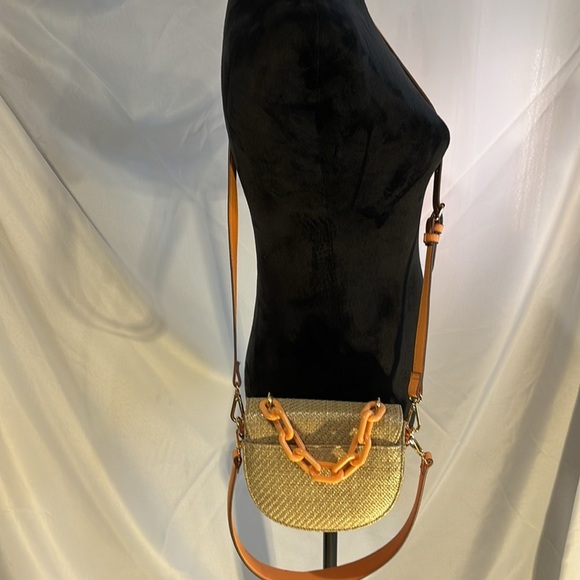 Anne Klein Mini Convertible Shoulder Bag with Resin Chain, Straw Weave Apricot - Picture 7 of 15